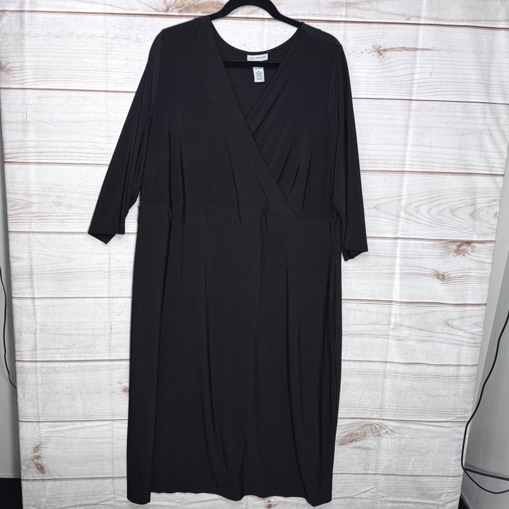 Catherines Black Faux Wrap Dress Plus Size 2X 22/24W 3/4 Sleeve V-Neck Midi